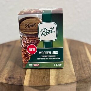 NWT Ball Regular Mouth Wooden Storage Jars Lids 5 Count Acacia Wood Airtight